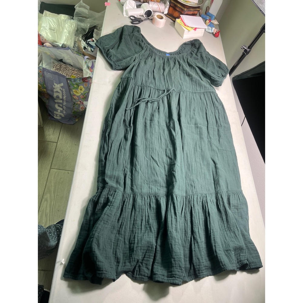 Old Navy XL Forest Green Cotton Gauze Maxi Dress Tiered Boho Puff Sleeve